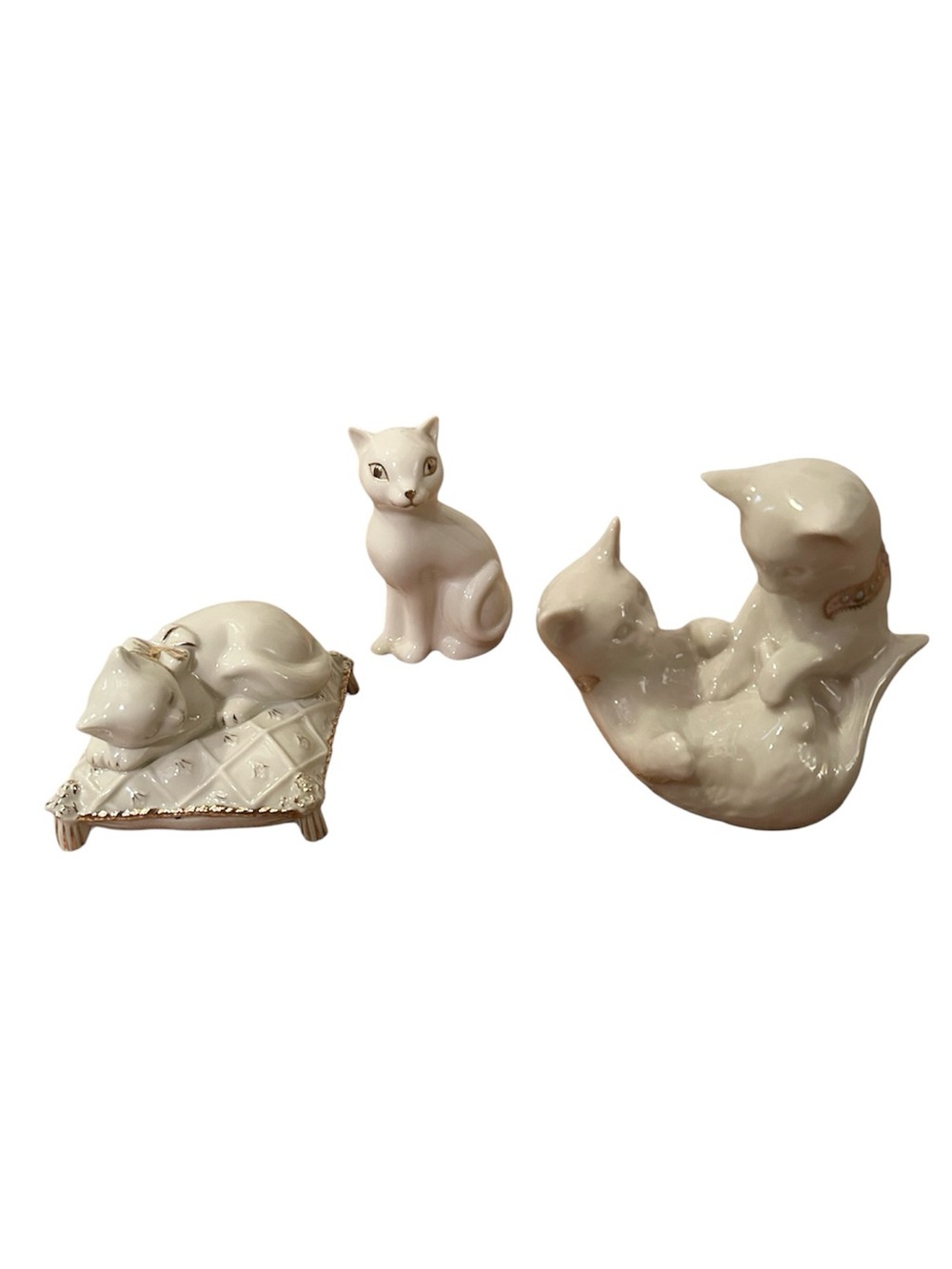 Lenox Set of Three Cat Figurines in Porcelain White and Gold Tone Design